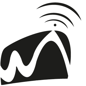 Logo von einem Jugendradio-ein obene angerundetes schwarzes quadrat indem sich eine dicke welle windet die an der obersten stelle spitz aus dem quadrat raus sticht. über die spete stelle befindet sich ein punkt und darüber 3 funkwellen. 