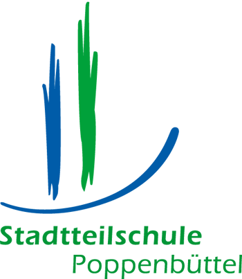 ein logo der stadtteilschule poppenbüttel-ein nach oben geschwungener, dicker werdender strich, über dem strick befinden sich zwei senkrechte striche due nach oben und untenausgefranzt sind. unter dem logo befindet sich der schriftzug der stadtteilschule poppenbüttel.